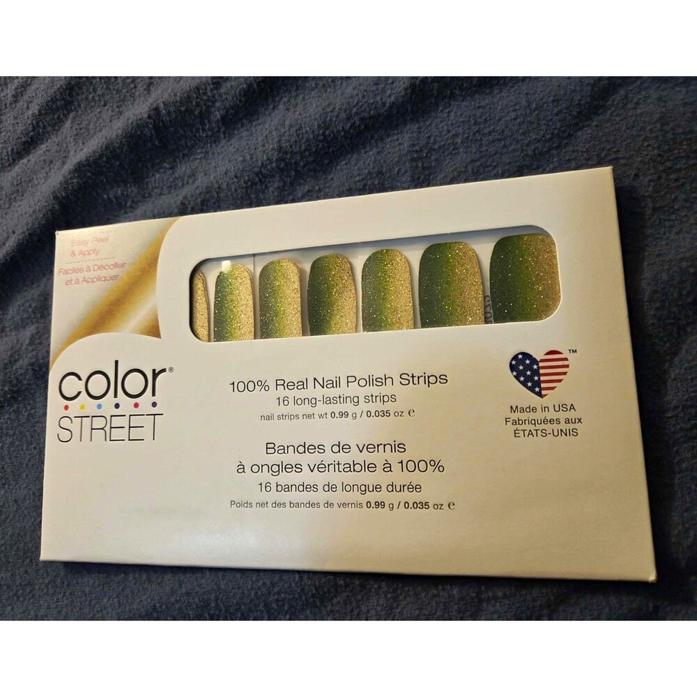 Color Street Falling Lucky Green/Gold Glitter Nail Polish Strips 16 Count